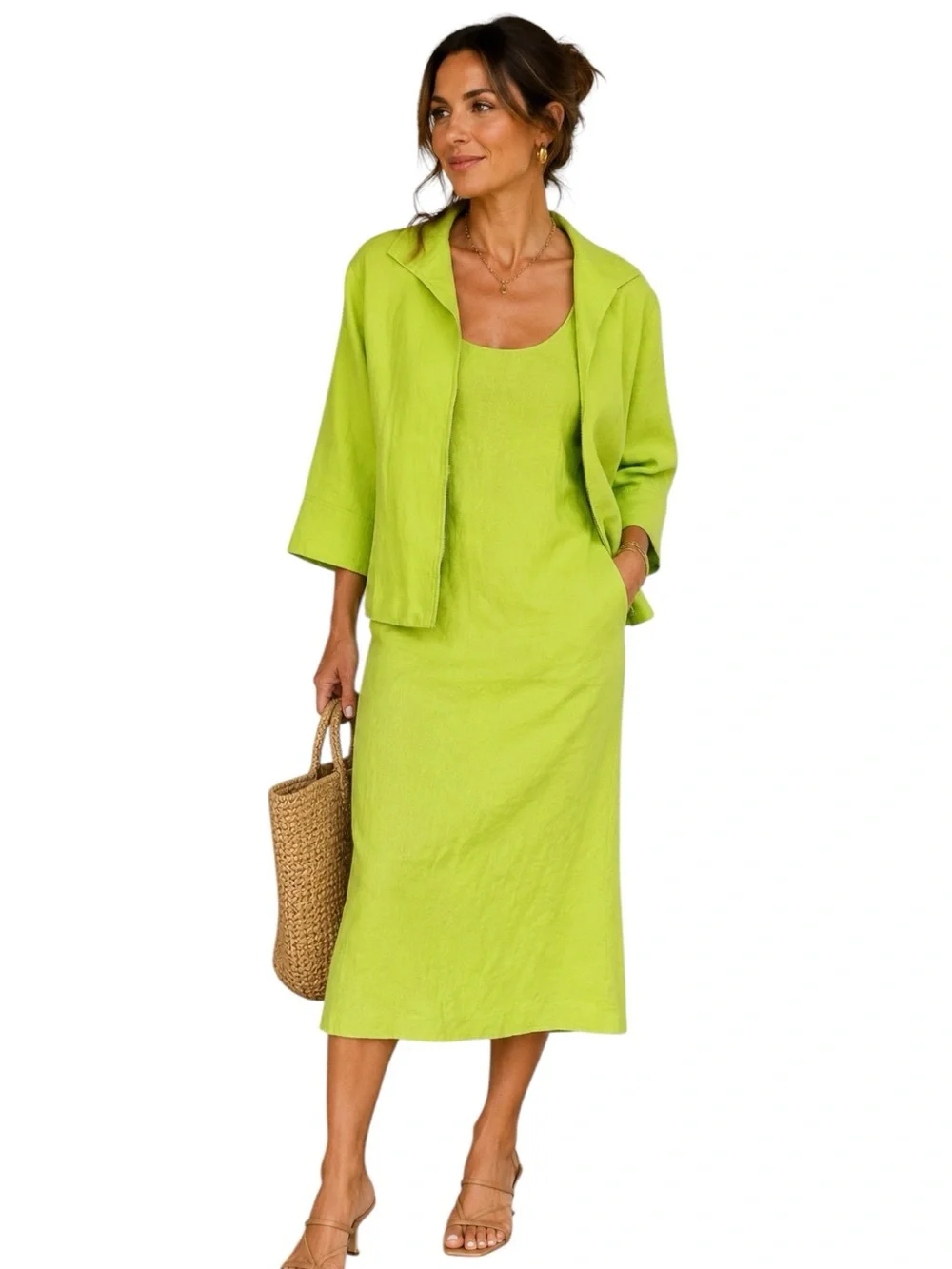 LAFAYETTE 148 NEW YORK: Green Sleeveless Midi Linen Dress &  Blazer Set -size 14